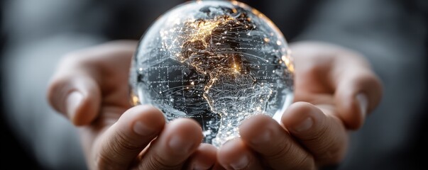 Businessman holds a glass globe with a padlock, symbolizing global security and protection