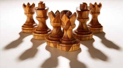 Wooden chess pieces on white surface with shadows strategic game