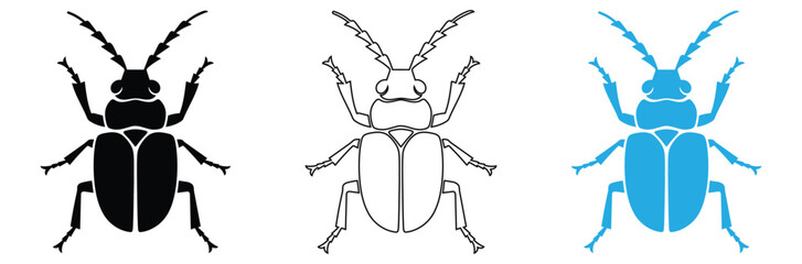 Rhino beetle silhouette logo, beetle head logo, beetle simple line logo,Three beetle silhouettes in black, white and blue on white,Japanese Rhinoceros beetle symbol, black isolated silhouette