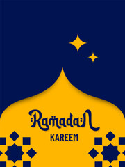 Ramadan Kareem, design template with purple and yellow colors, mosque and star shapes, design for greeting cards, banners, posters, social media posts, covers.