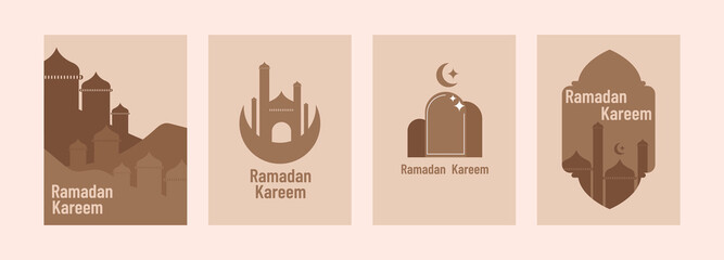 Set of Ramadan Kareem, Ramadan holiday template design with mosque, star, and crescent moon shape elements, suitable for greeting cards, posters, banners, covers