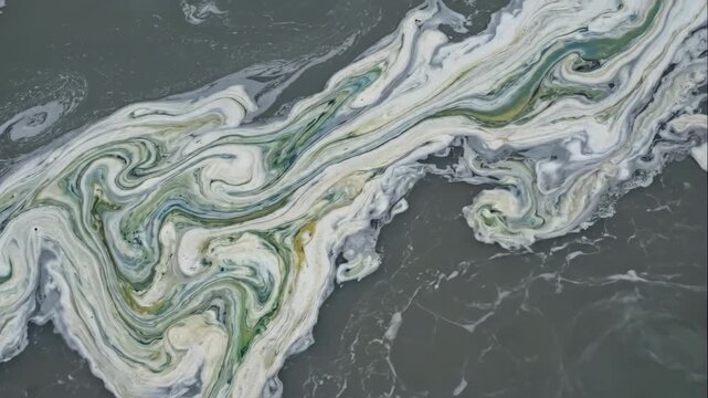 Gloomy overhead shot of toxic chemical foam swirling in dark water