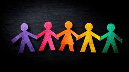 Colorful paper people holding hands on dark background representing unity