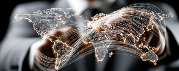 Global business network concept with glowing world map and connections behind a suited businessman
