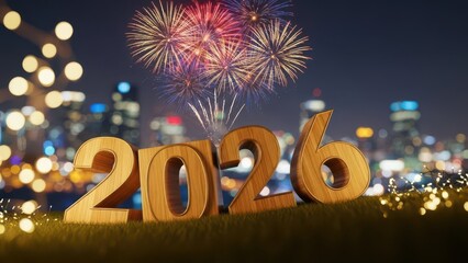 2026 New Year Wooden Number Blocks And Fireworks