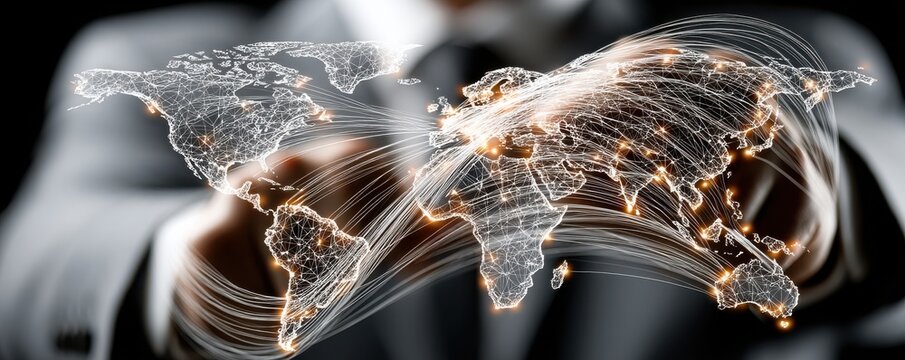 Global business network concept with glowing world map and connections behind a suited businessman - Powered by Adobe