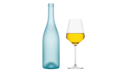 Isolated light-blue bottle and wine glass, filled with golden liquid, placed side-by-side