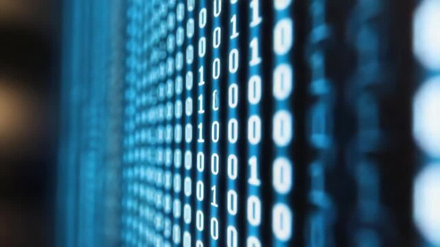 Binary code matrix glowing blue digital server display evoking data flow and network connectivity