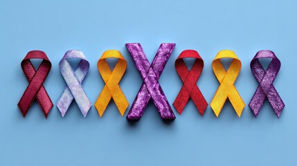Colorful ribbons representing awareness on blue background