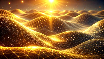 Shimmering golden terrain with a bright, hazy sun and connected grid