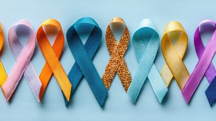 Colorful awareness ribbons displayed against a light blue backdrop