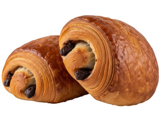 Isolated pain au chocolat, two traditional French viennoiseries, chocolate croissant on display