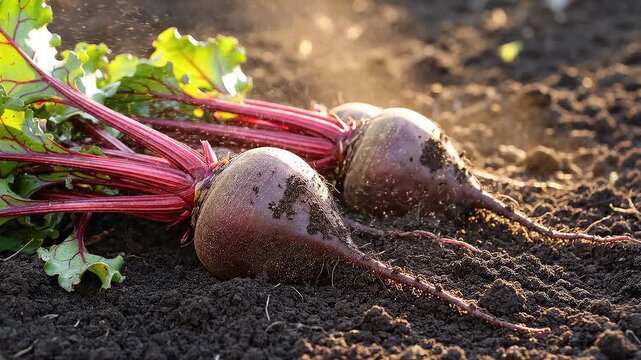 Freshly harvested beetroots with vibrant greens in rich soil. Represents organic farming and healthy eating practices