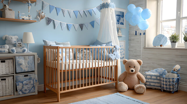 un cuarto infantil decorado con accesorios minimalistas nubes y osos de peluche dise&ntilde;o de armonia y estilo acogedor en colores pastel para ni&ntilde;o en tono azul