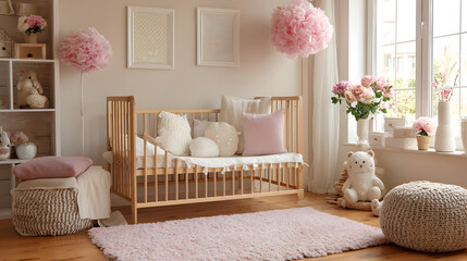 dise&ntilde;o de una habitacion minimalista moderna monocromatica en colores pastel beige con rosa con accesorios elegantes y delicados con una cuna para bebe ni&ntilde;a armonia y sencillez con elegancia
