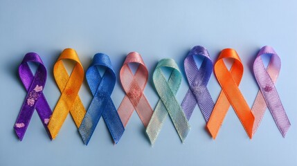 Colorful awareness ribbons displayed against blue background for medical concepts