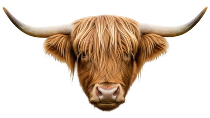 Isolated portrait of a Highland cattle with long wavy hair and impressive horns, animal face