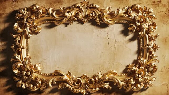Ornate golden baroque corner frame decoration on an old textured wall background for celebration and luxury concepts