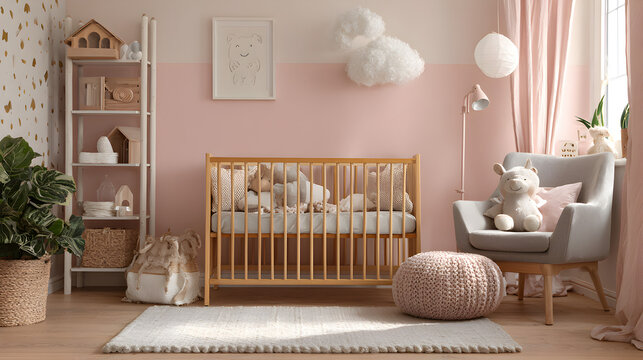una habitacion en colores pastel comoda con una cuna y mubles minimalistas con estilo acogedor y de armonia lujo y creatividad dise&ntilde;o de interiores
