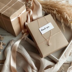 realistic product photo of a necklace gift set with kraft box, thank you card, handmade aesthetic