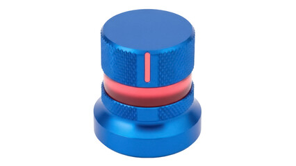 Isolated blue control knob with knurled texture and red accent stripe for fine adjustment