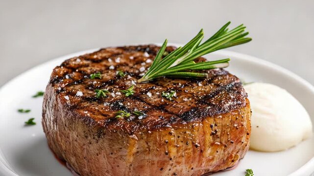 Grilled filet mignon steak grilled with rosemary herb butter and creamy mashed on white plate