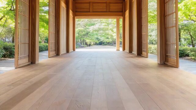 Sunny spacious wooden pavilion veranda with sliding door opening to lush green garden and peaceful