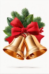 Golden bells with red ribbon and pine branches create festive Christmas decoration scene