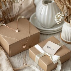 realistic product photo of a necklace gift set with kraft box, thank you card, handmade aesthetic