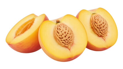 Isolated peaches, cross sections showing peach stones; halves of orange and yellow fruit