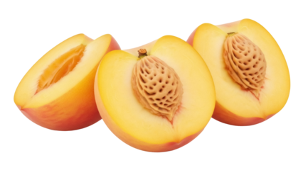 Isolated peaches, cross sections showing peach stones; halves of orange and yellow fruit