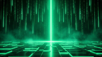Futuristic abstract binary code background featuring a digital data pattern of green matrix lines on a tech wallpaper design for a modern internet software business concept