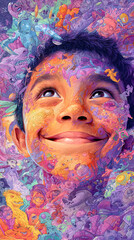 el rostro de un ni&ntilde;o feliz rodeado de un fondo de fantasia surrealista y de aventuras magicas felicidad de la infancia exploracion y desarrollo infantil