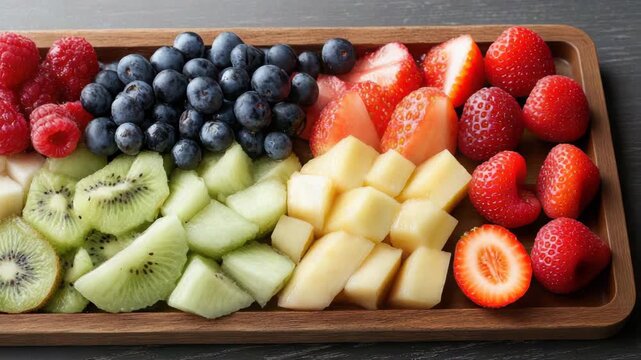 Fresh fruit platter with raspberries blueberries strawberries kiwi melon and apple arranged