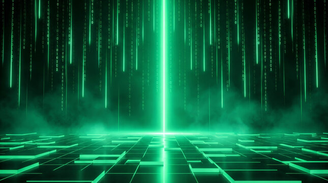 Futuristic abstract binary code background featuring a digital data pattern of green matrix lines on a tech wallpaper design for a modern internet software business concept - Powered by Adobe