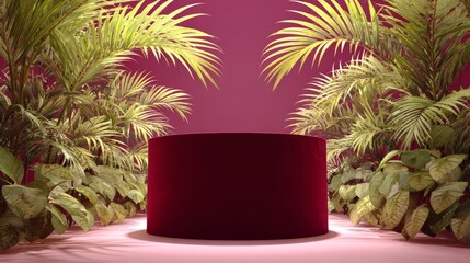Luxurious Red Podium with Tropical Foliage.