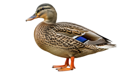 Isolated Mallard duck standing, showing detail of markings and brilliant blue wing feathers