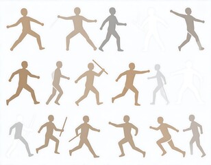 Several similar human figures in varying poses, colors, and opacities are arranged in rows on a white background