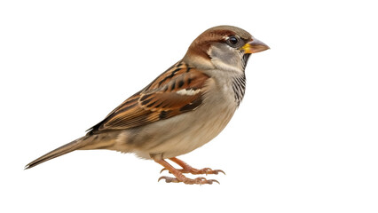 Isolated male house sparrow standing, facing right, full body shot with no shadows