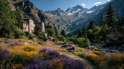 Serene mountain valleys bursting with alpine flowers, old stone fortifications, and crisp, snow-tipped peaks