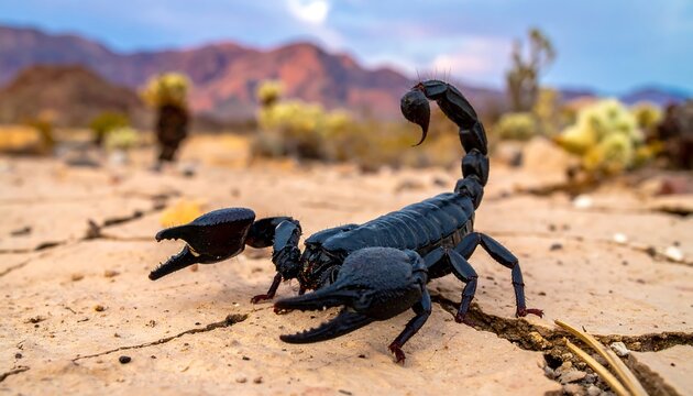 Scorpion on cracked earth in desert. Mountains & cacti in the background under a pink sky. Focus on the scorpion - Powered by Adobe