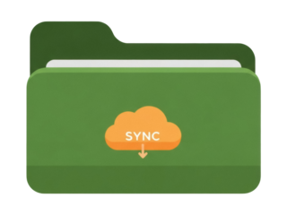 Isolated Green folder with a sign SYNC inside of an orange cloud for data transfer