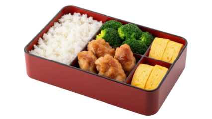 Isolated bento box with rice, chicken, broccoli, and tamagoyaki, traditional Japanese lunch