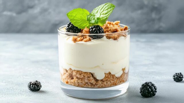 Creamy blackberry cheesecake parfait with crumbly graham base, mint dessert parfait crumb