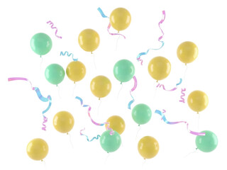 Isolated celebratory assortment of party balloons with colorful streamers, celebration design