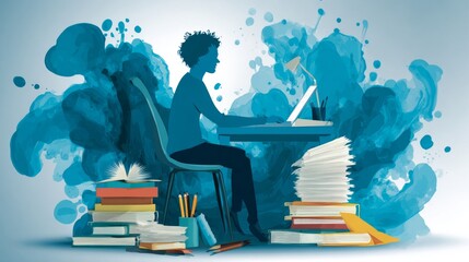 Man Working on Laptop Surrounded by Books.