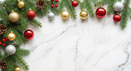 Colorful ornaments and pine decor fill the festive space.