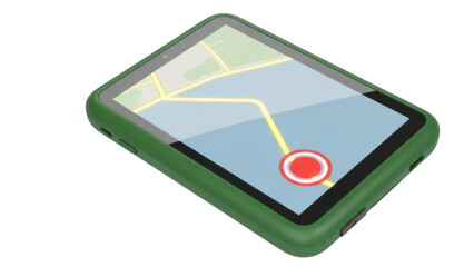 Isolated GPS navigator device showing map application with location pinpoint marking spot on city street