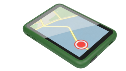 Isolated GPS navigator device showing map application with location pinpoint marking spot on city street