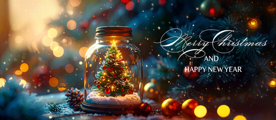 Text Letters Merry Christmas And Happy New Year. glass jars with Christmas tree web banner